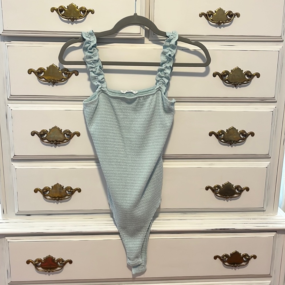 Wasabi + Mint Teal Ruffle strapped body suit